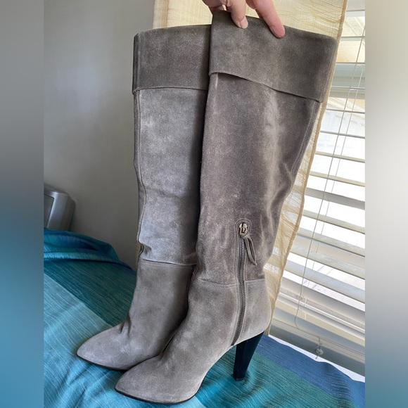 MIU MIU Gray suede Knee-High Women's Boots black heels booties 37-7 zipper - Picture 1 of 11